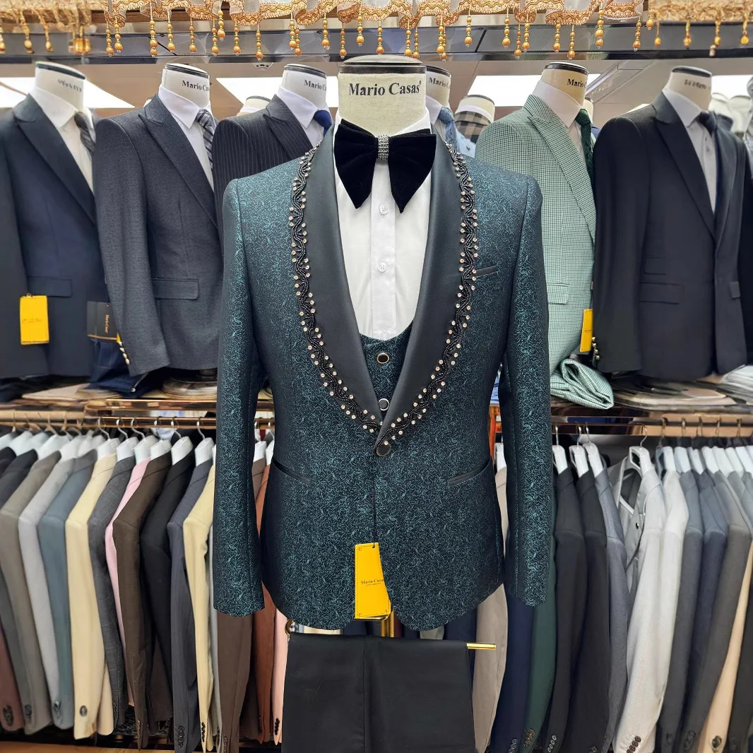 2025  Jacquard Suit Set for Men, Beaded Slim Fitting Men's Haute Couture Formal Suit Set, Blazer Vest Pants Set  Man Suit