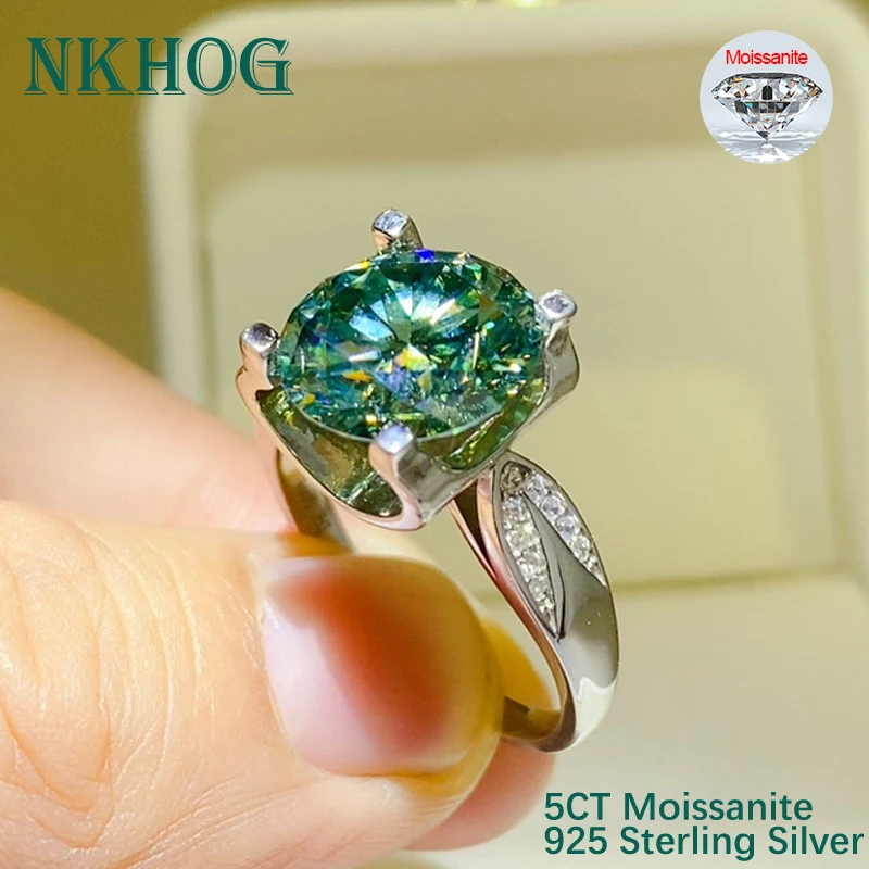 

NKHOG 3/5CT Green Moissanite Rings 925 Sterling Silver Plated AU750 Women Luxury Wedding Band Ring Gift Fine Jewelry Certificate