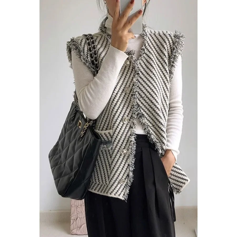 

Autumn Winter New Style Open Cardigan Outerwear Tank Top Shoulder Coat Women's Loose Fit Striped Sweater Vest