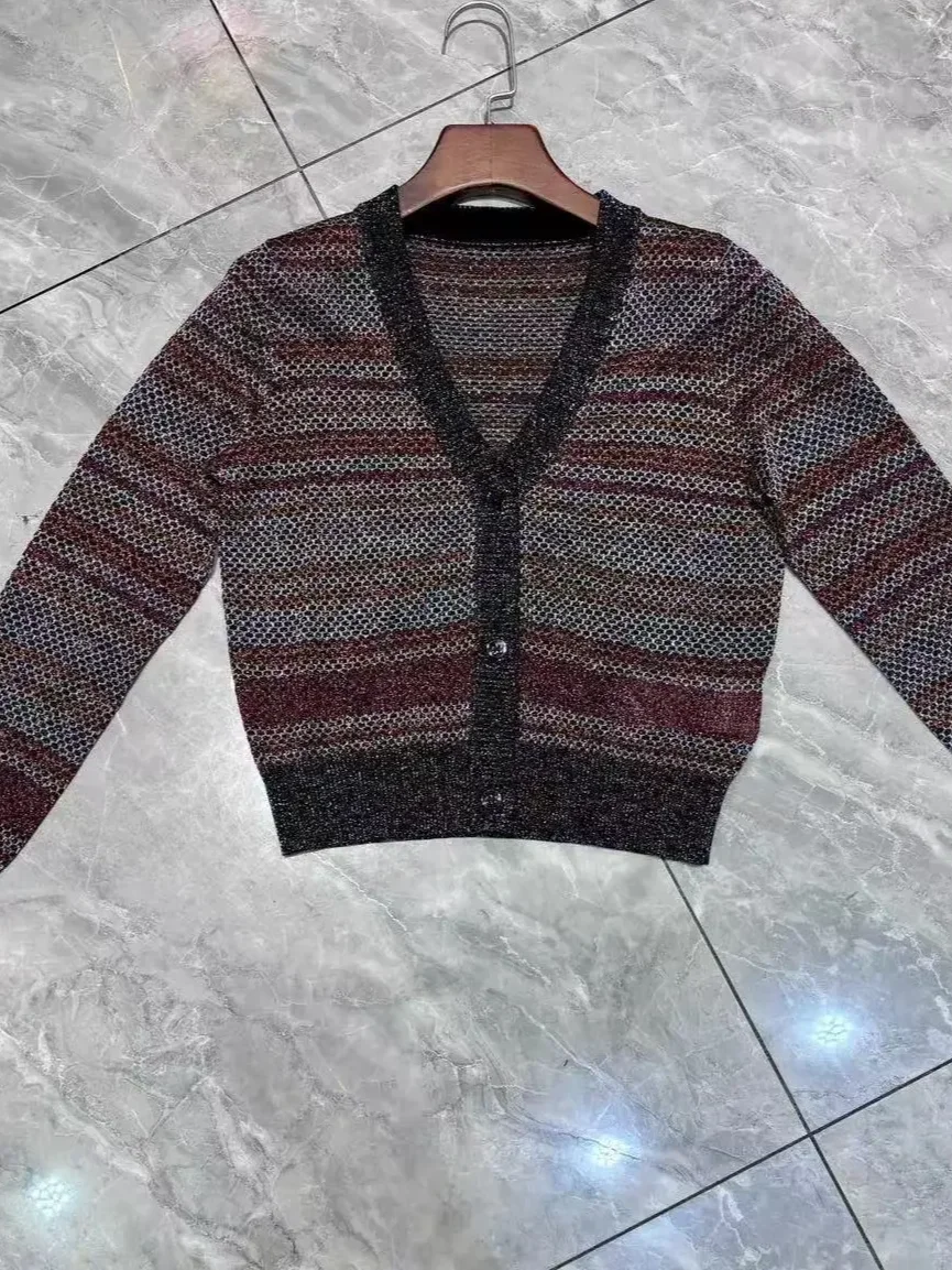 

Women's Striped Knitted Cardigan V-Neck Long Sleeve Single Breasted Vintage Ladies Sweater