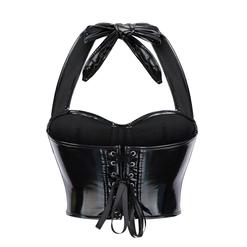 Women Sexy Faux Leather Halter Corset Retro Black Lace-up Bustier Crop Top Gothic PU Leather Bodice Waist Trainer Bustiers