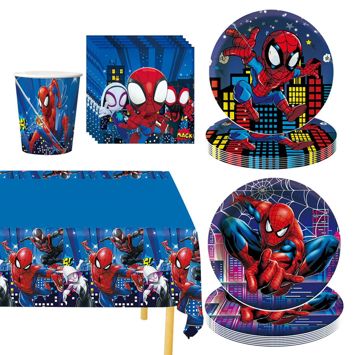 Spiderman Party Decoration Supplies Disposable Tableware Set Paper Cups Plates Balloons Banner Tablecloth Cake Topper Baby Showe