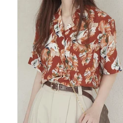 Vintage Printing Shirt Tops Summer New Short Sleeve Floral Polo Neck Loose Street Casual Blouse Fashion Trend Women Clothing