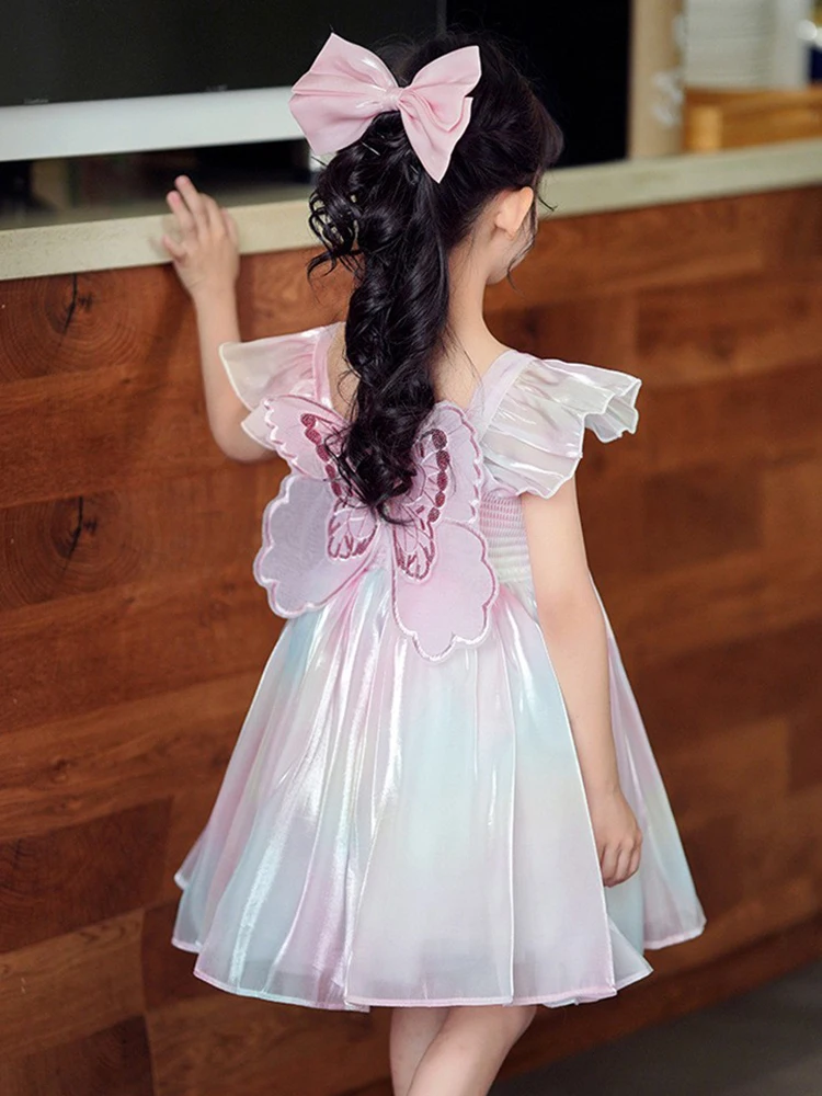 Gradient RainbowTulle Sling Dress Butterfly Decoration Vestido Summer Children Girs Princess Christmas Birthday Party Dress New