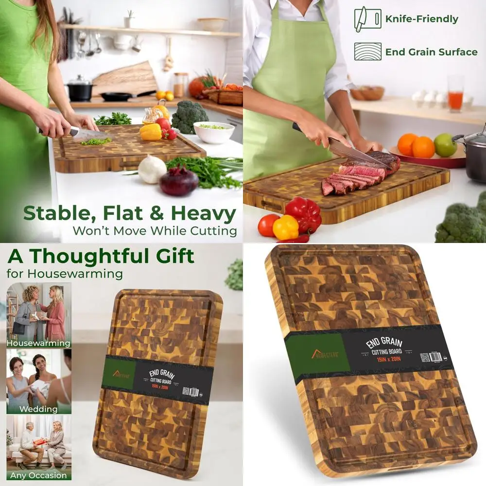 

Large Acacia Wood Chopping Board 20x15x1.25 - Meat, Veggie, Serving Block with Juice Groove & Grip Handles