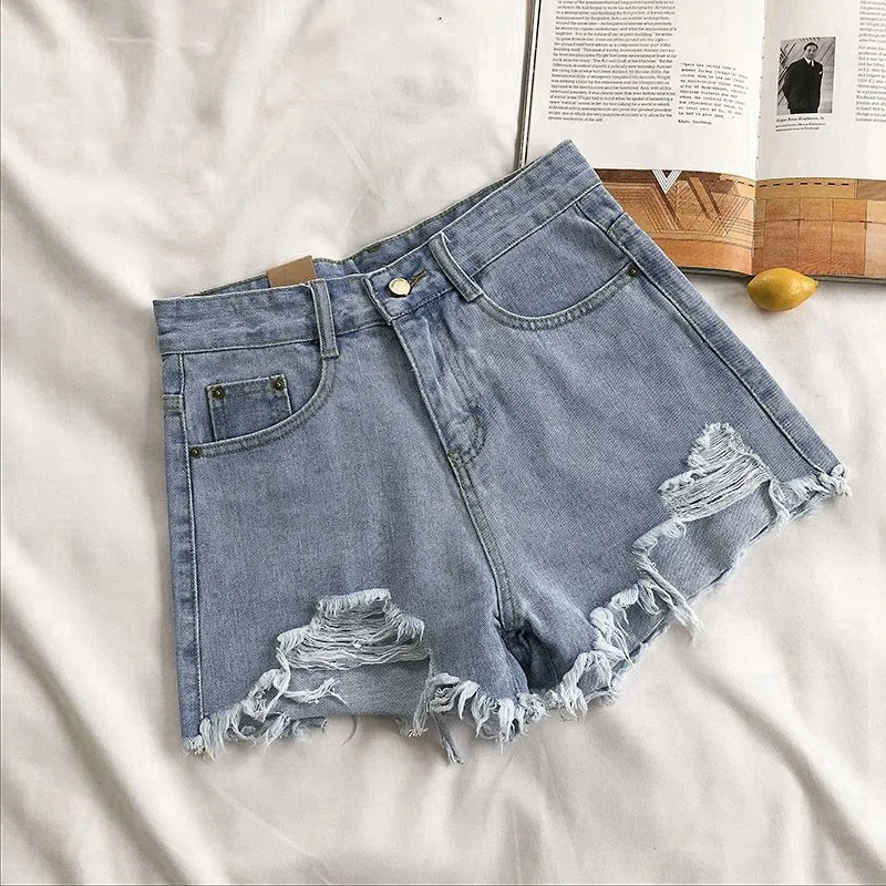 Short en jean taille haute pour femme, décontracté, grande taille, poche, pompon, troué, déchiré, court, pantalon, été