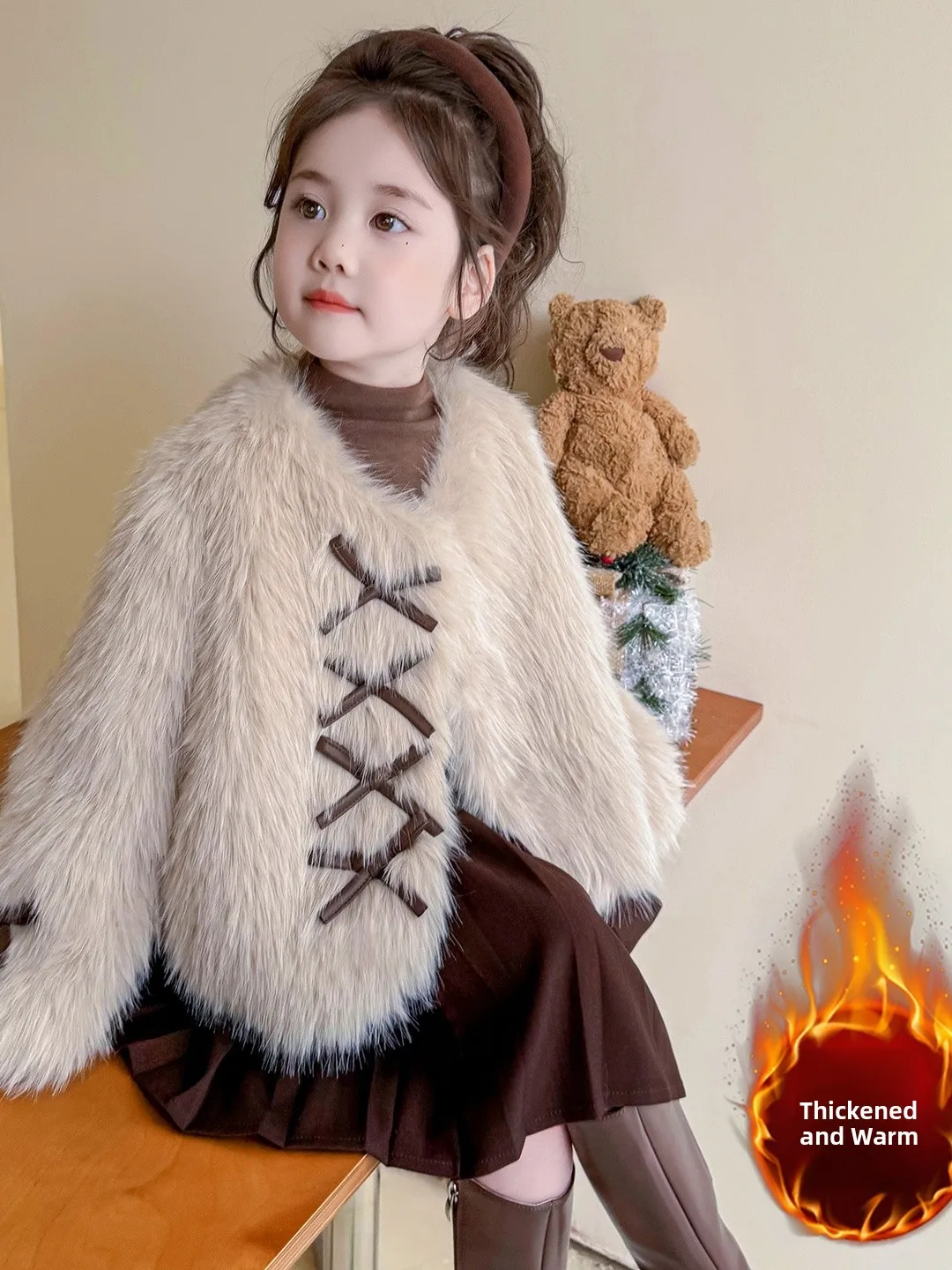 

Thiened Faux Fur Jaet for Girls Autumn Winter Sle Korean Stand Fit Long Sve round Ne Button Closure Warm Coat