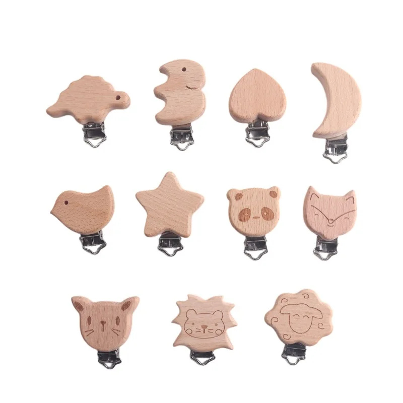 10Pcs Beech Wooden Clips Metal Bracket Dummy Holder DIY Pacifier Chain Handmade Crafts Accessories