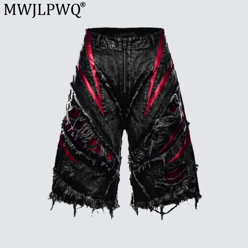 MWJLPWQ Dark High-Street Distressed Fringed Denim Shorts Men's Red Satin Patchwork Deconstructed Zipper Wide-Leg Shorts 21466