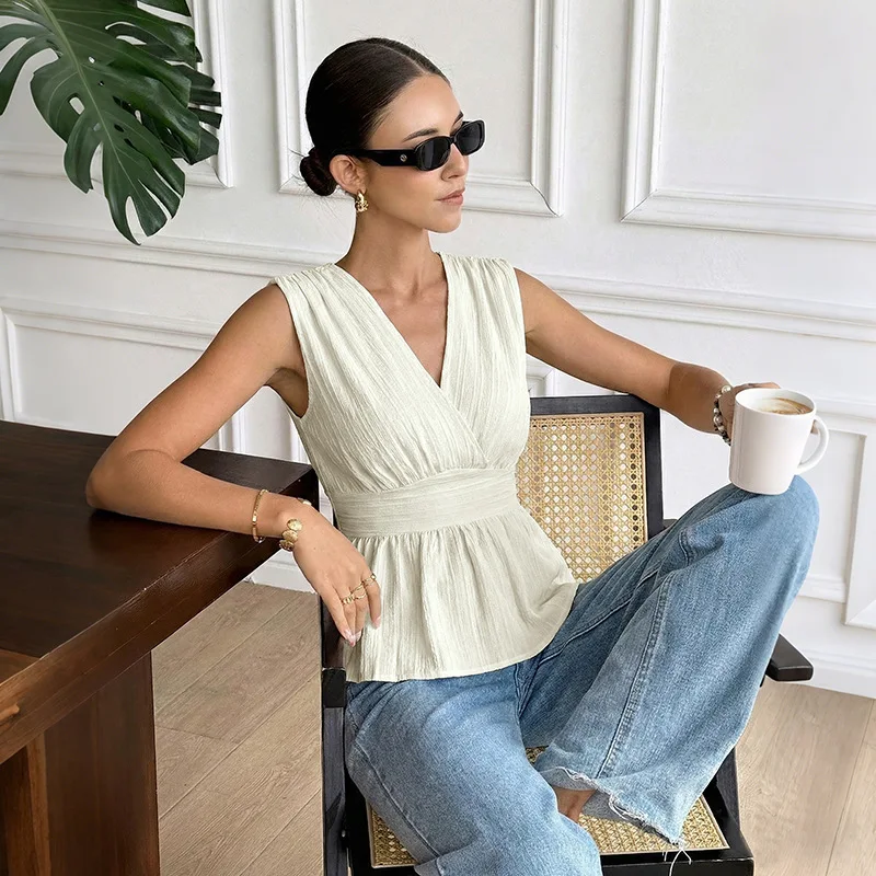 

Новинка 2026: Женский повседневный топ без рукавов с V-образным вырезом, приталенный, однотонный, с французской текстурой