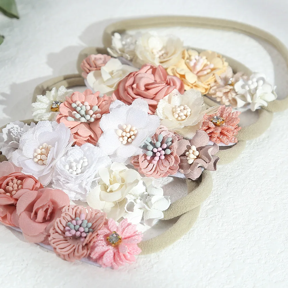 Tiny Artificial Flower Baby Headband Newborn Boys Girls Fake Floral Nylon Hair Bands Princess Rhinestone Hair Accessories