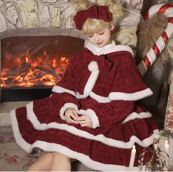 ชุดเดรสสไตล์โลลิต้า คอเฉียง ทรงเจ้าหญิง สีแดง สำหรับฤดูใบไม้ร่วง ฤดูหนาว ปีใหม่ และคริสต์มาส แฟชั่นเอวสูง ช่วยลดอายุ ดีไซน์กระโปรงทรงเค้ก สายเดี่ยว