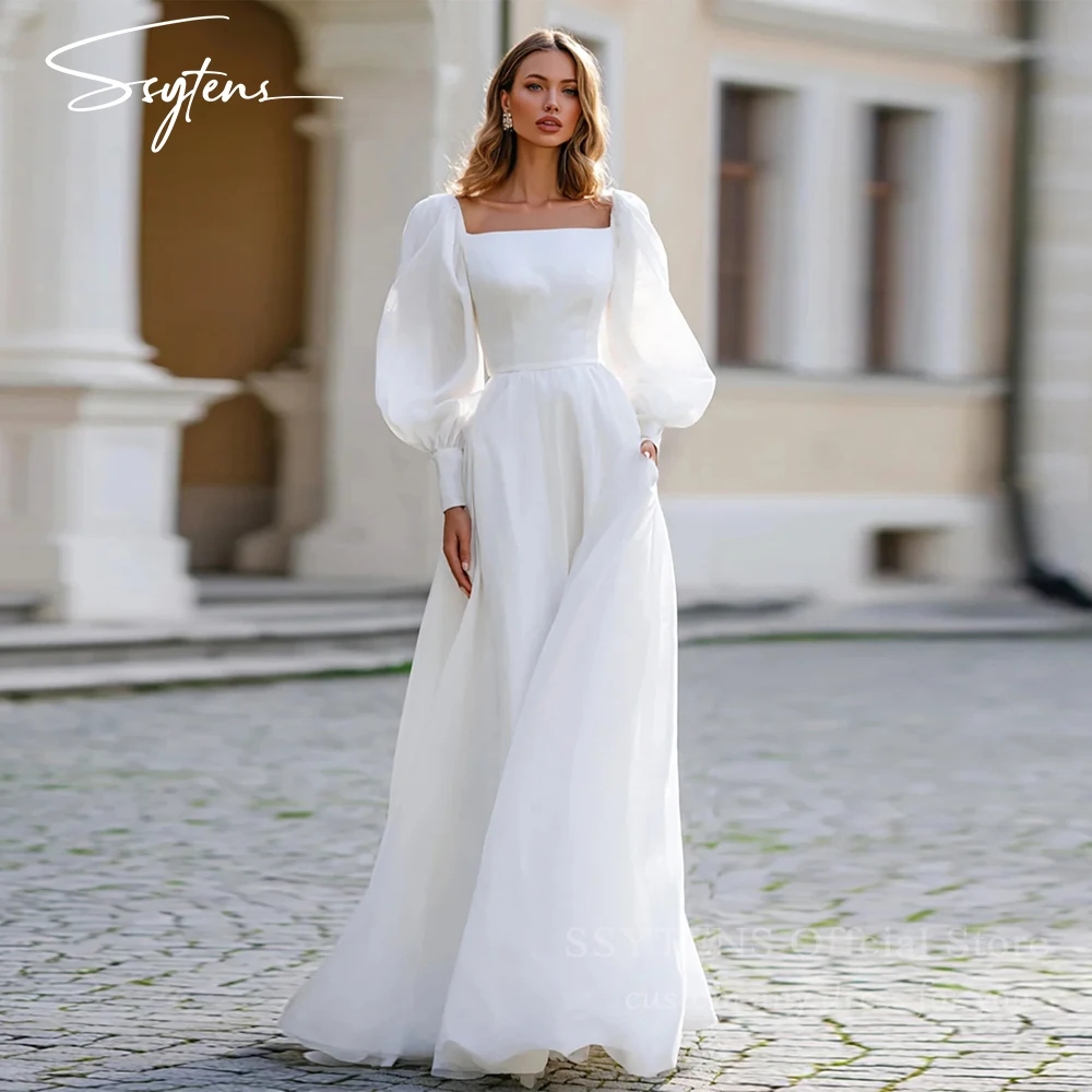 SSYTENS A-Line Simple Wedding Dresses For Bride Square Neck Backless Boho Bridal Gown Long Puff Sleeve Robe De Mariée Customized