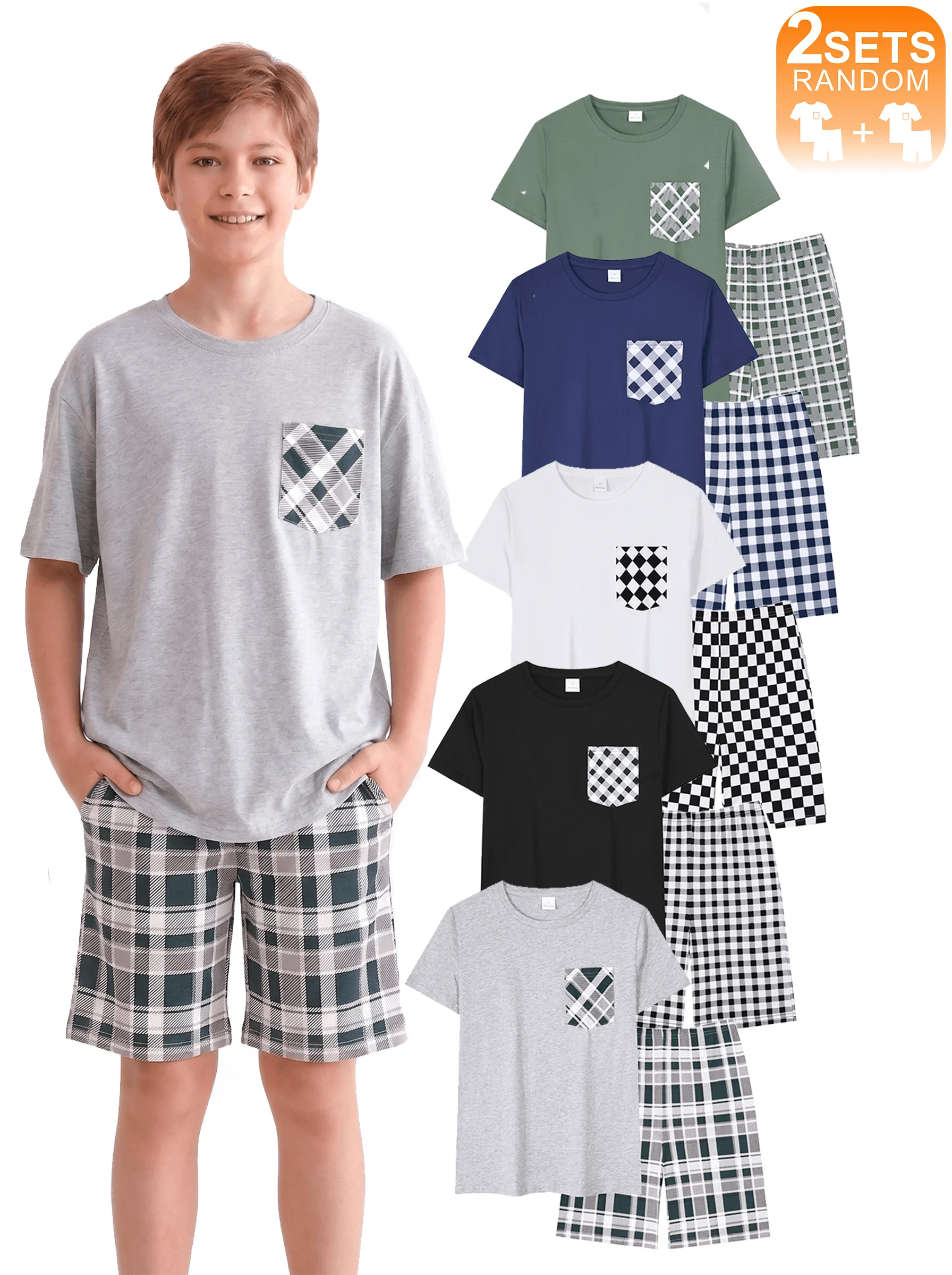

2 Random Sets Teen Boys Plaid Contrast Pajamas Set, Short Sleeve Shorts With Pockets, Summer Breathable Homewear
