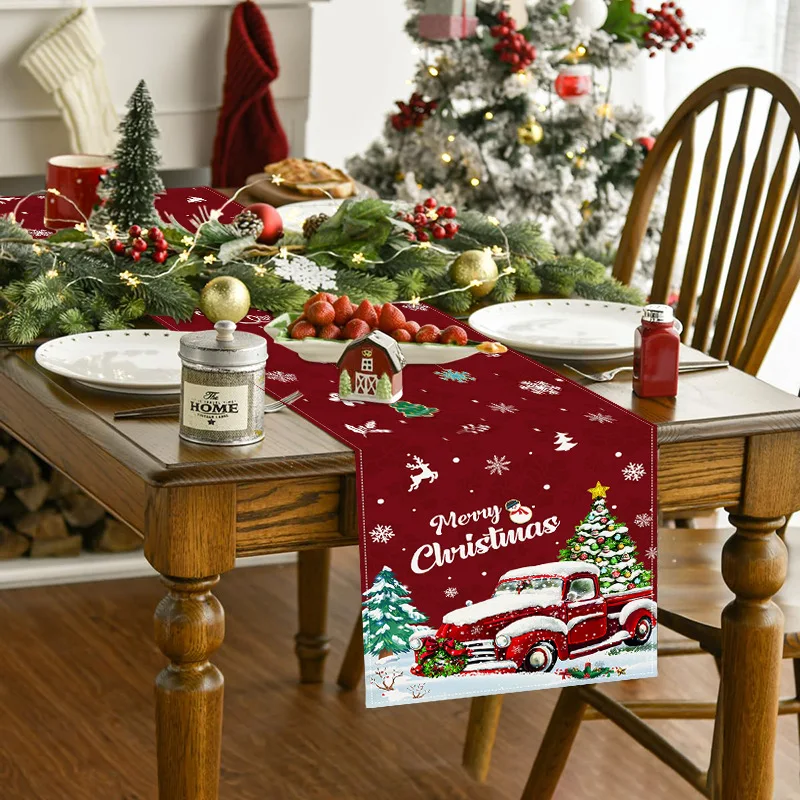 2025 Christmas Snowman Print Table Runners Red Snow Flake Xmas Table Cloth Coffee Table Decor New Year Home Party Decoratioin