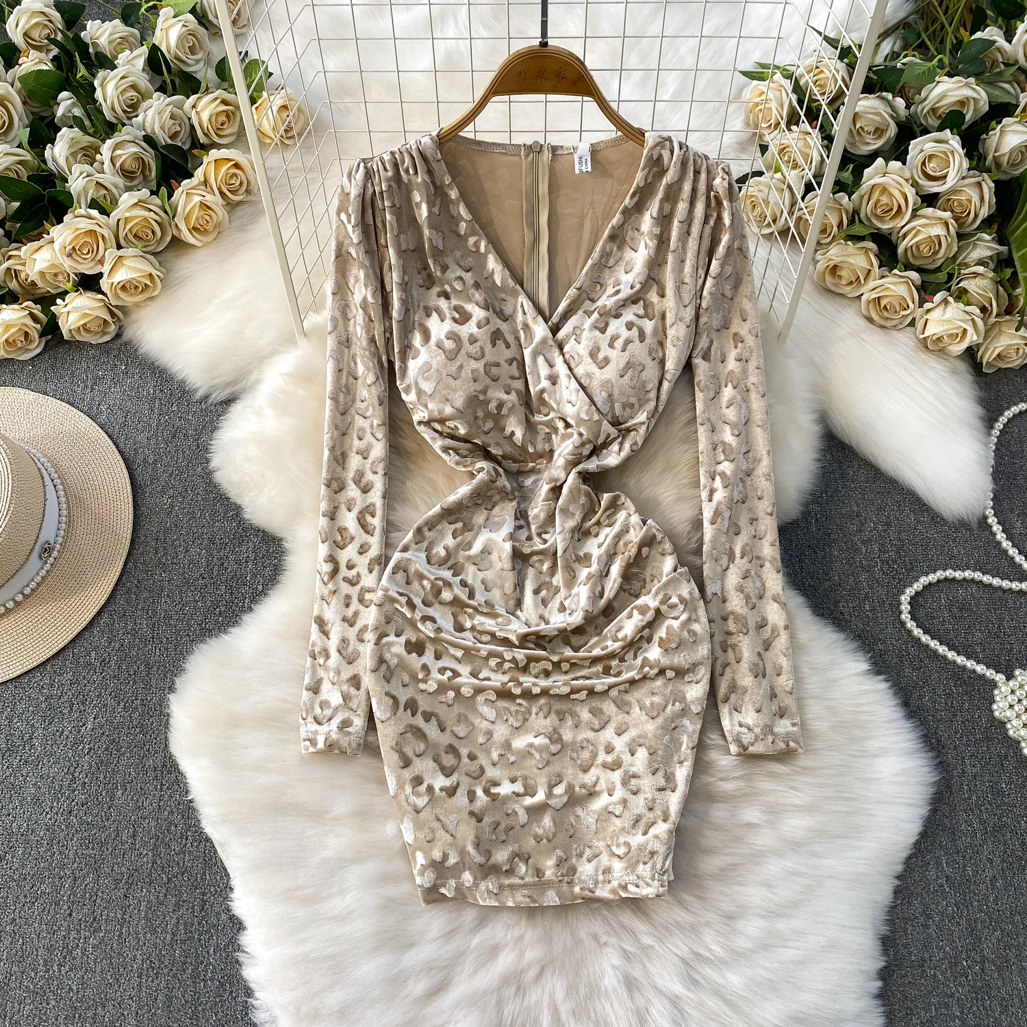 Chic vintage leopard velour dress Elegant Fairy korean fashion sundress autumn women clothing