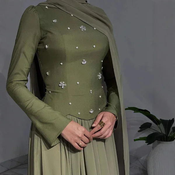 Muslim Olive Green Beaded Prom Dresses Ruffled Elegant Evening Dress Arabic Flowy Dubai Formal Wedding Party Gown Customized image 4