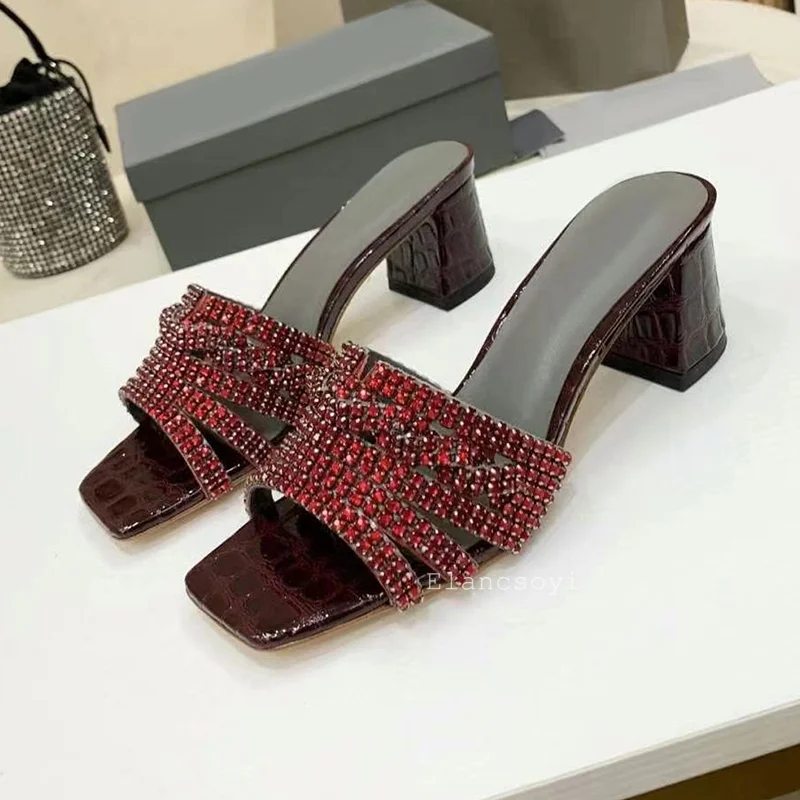 Shiny Rhinestone High Heels Slippers Women's Square Toe Hallow Mouth Chunky Heels Lazy Sandals Summer Outdoor Vacation Shoes