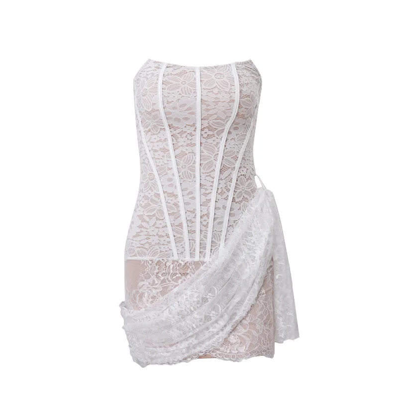Elegant Printed Strapless Slim Evening Dress 2025 Summer Women Sexy Solid Color Sheer Patchwork High Waist Lace Dress