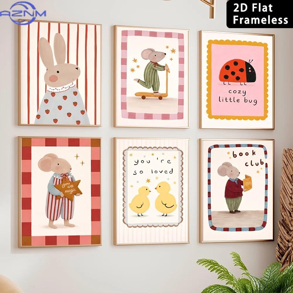 6pcs Frameless Cute Cartoon Animal Canvas Posters - Room Art And Nursery Wall Decoration (Including Mouse, Rabbit, Chick, Insect view 5