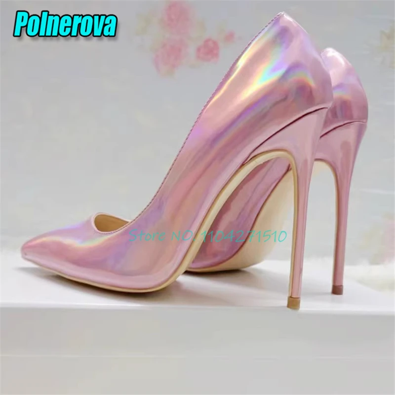 Pink Laser Glossy Leather 12CM High Heels Sexy Colorful Pointed Toe Shallow Stiletto Pumps Summer Fashion Runway Shoes Big Size