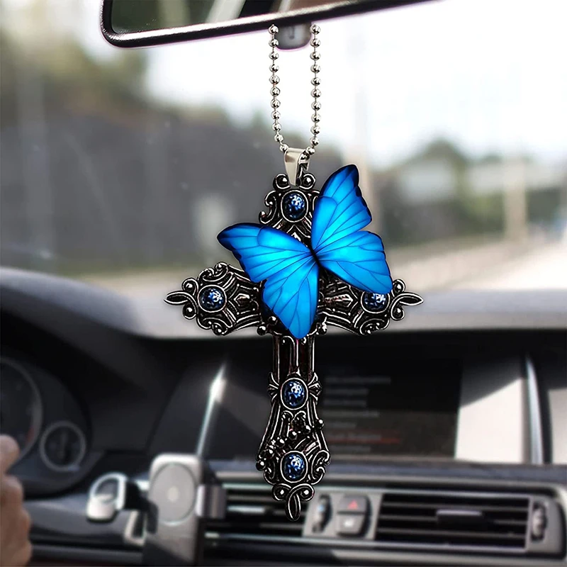 New Purple Cross Wing Rose Butterfly Auto Rearview Mirror Accessories Decoration