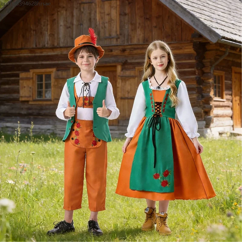 

Carnival Adult enfant Cosplay Costume Long Sleeved Green Dress Set Theme Party Role Playing Satge Performance Outfits