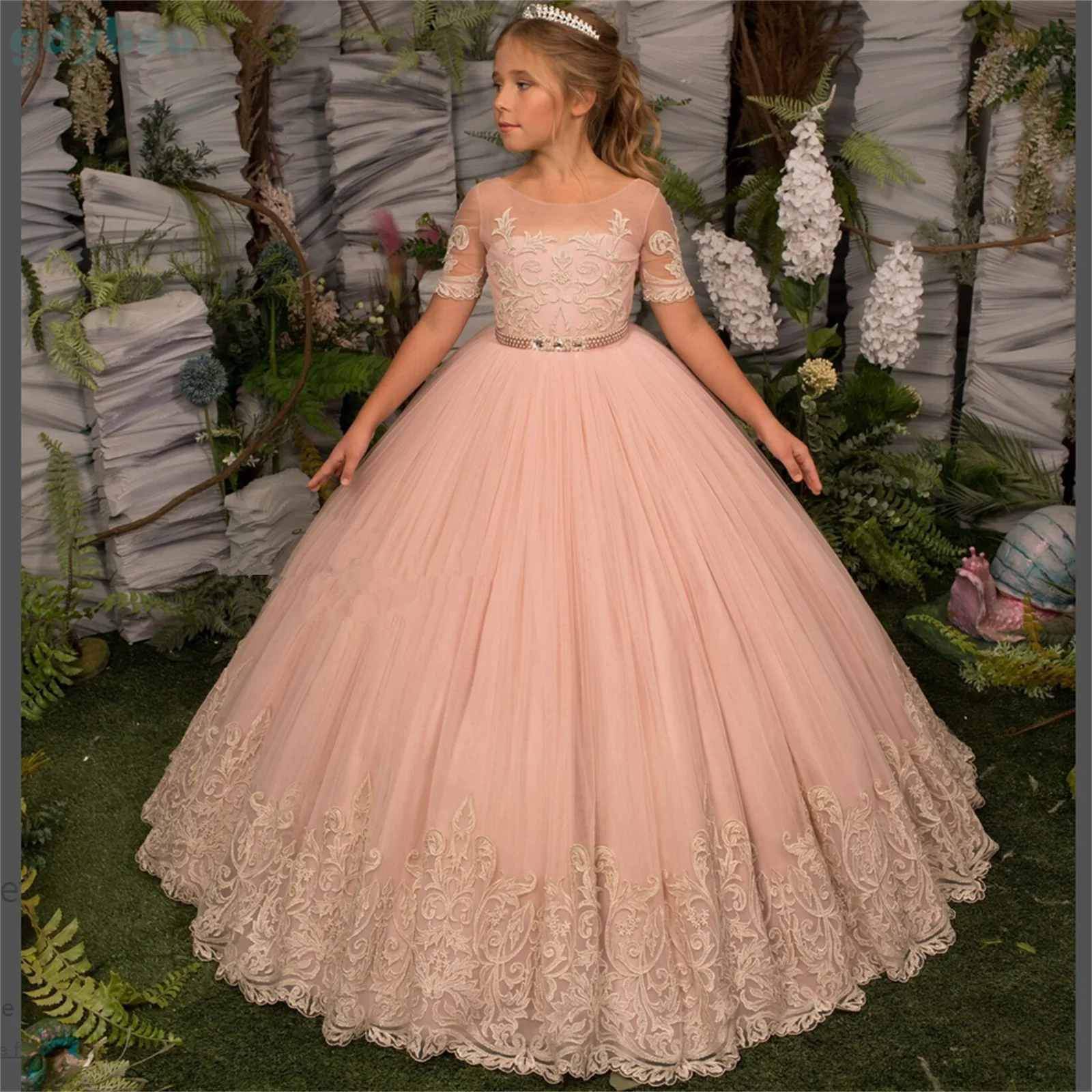 

Appliques Flower Girl Dress For Wedding Princess Baby Girls First Communion Ceremony Pageant Kids Gown