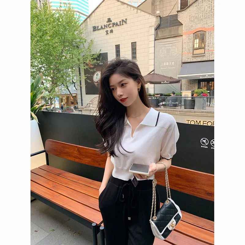 Itoolin Women Summer 2022 V-Neck knitwear New Style Short Sleeves Clothing Simple ChTide Ulzzang tops Polo Shirts