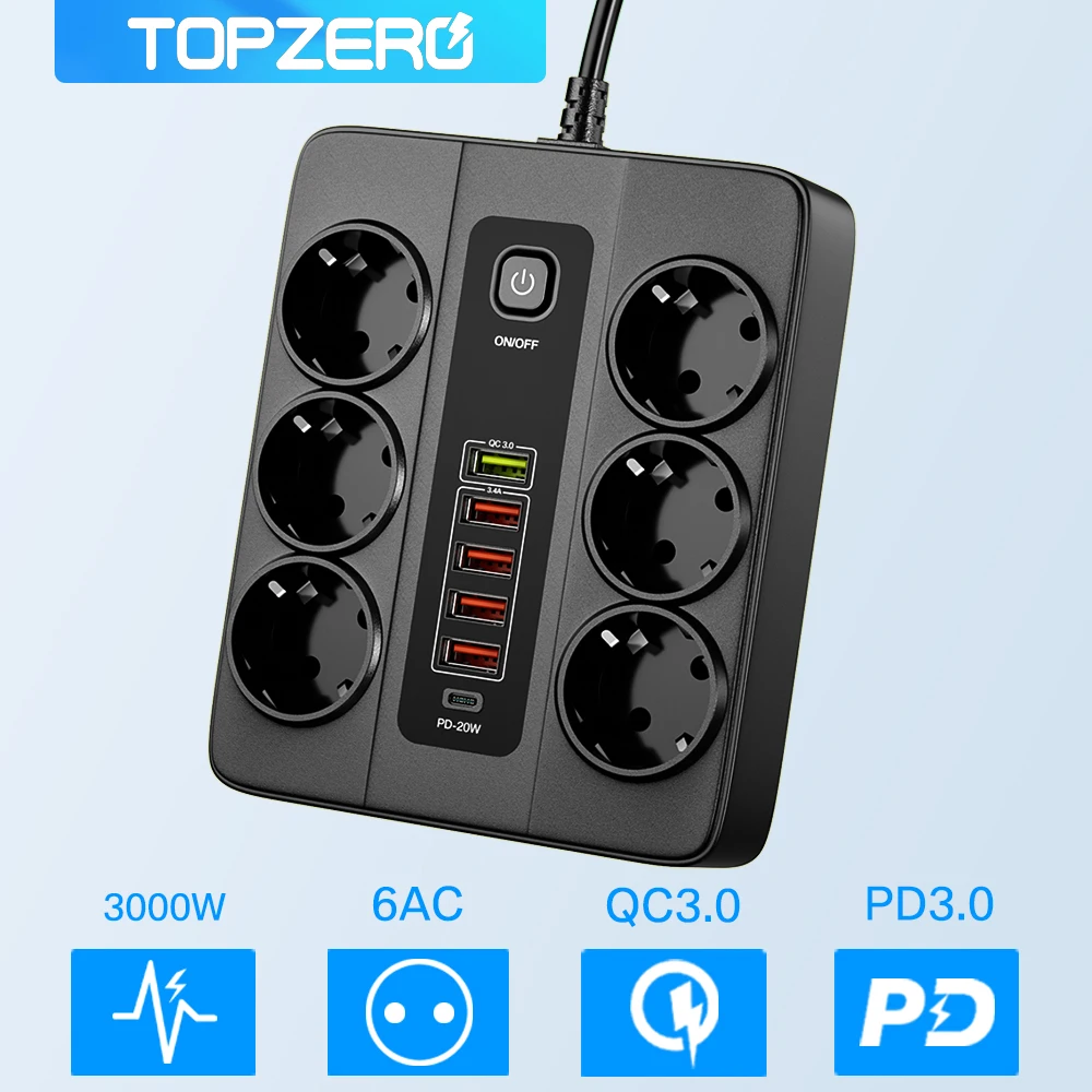 Listwa zasilająca 3000W listwa przeciwprzepięciowa z 6 wtyczkami ue i 6 USB QC3.0 typ C PD20W szybkie ładowanie inteligentne gniazdo USB do domu W