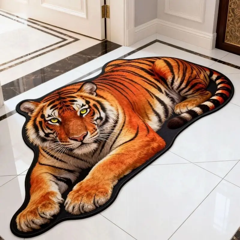 VIKAMA Cute Sleeping Tiger Rug Orange Striped Animal Irregular Shaped Area Rug Non Slip Floor Mat for Bedroom Nursery Home Decor