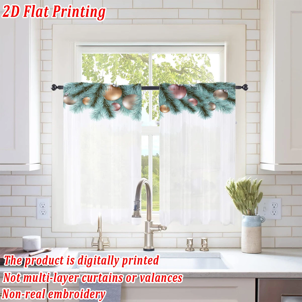 クリスマス柄のキッチン用シアーカーテン、メリークリスマスのボールと松の枝のモチーフ、クリスマスの家の装飾やパーティーに