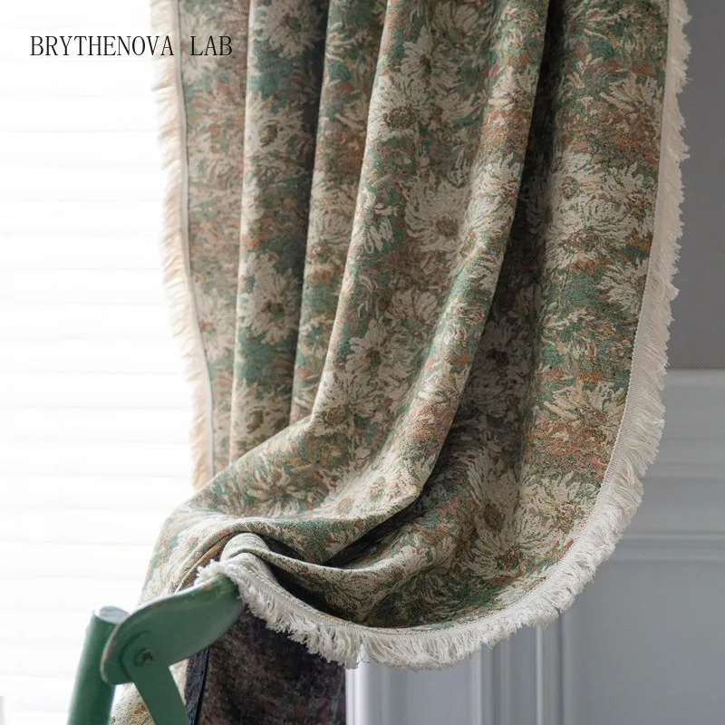 Cotton Linen Green Oil Painting Flower Kitchen Drape Style American Country Window Curtain Semi-shading Bedroom Living Room
