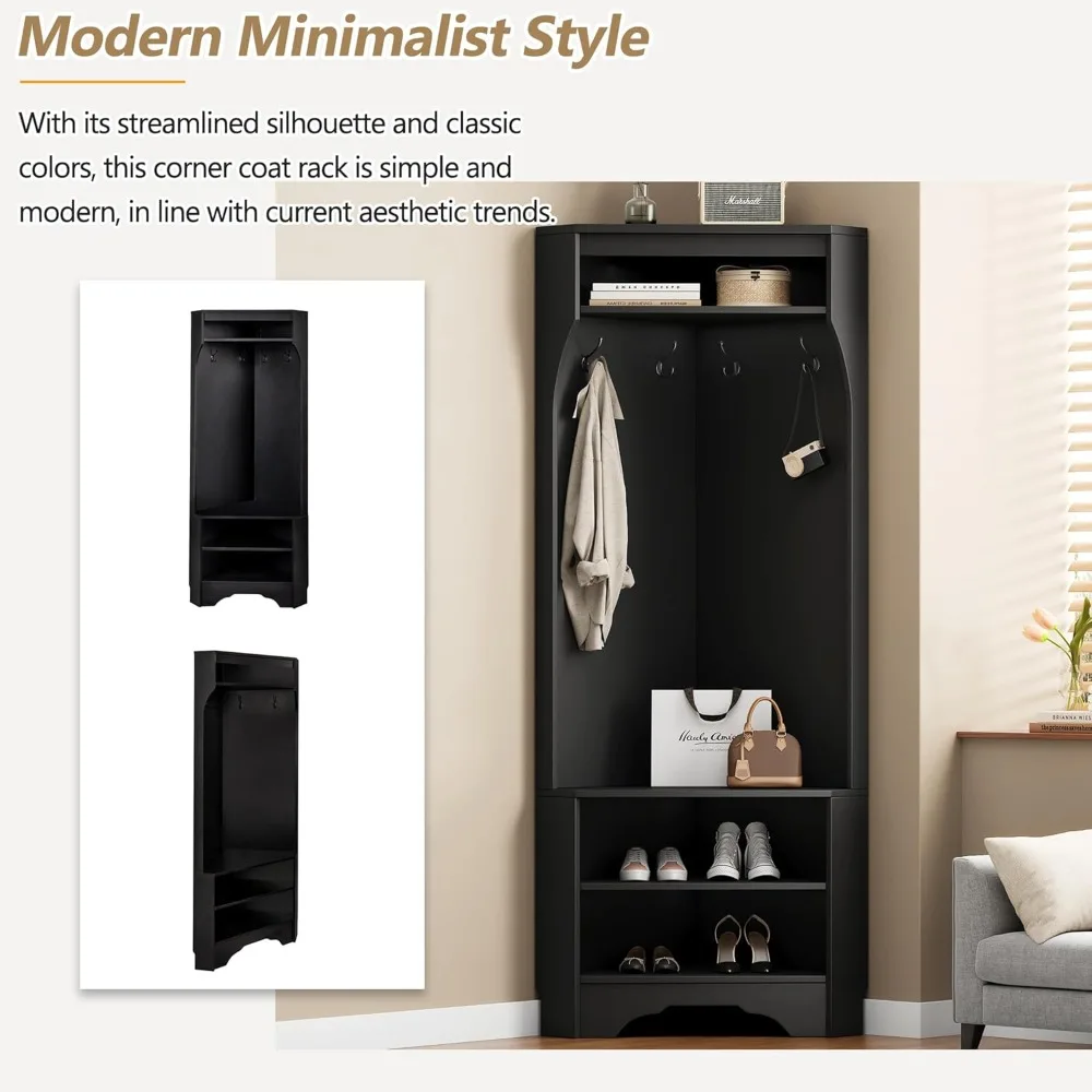 مقعد أحذية على شكل شجرة قاعة زاوية مع 4 خطافات، رف معطف متعدد الاستخدامات للمدخل، حل تخزين خزانة زاوية قابل للتعديل