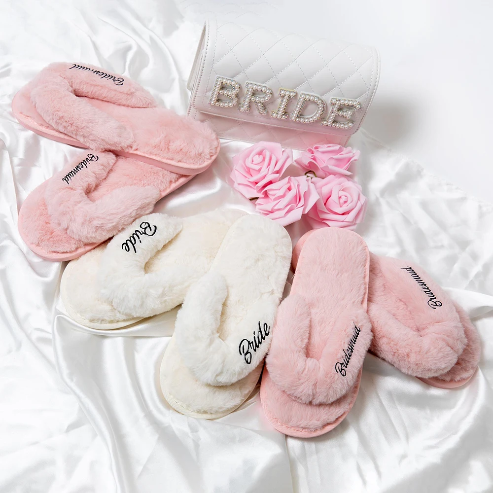 

Personalized Cross Fuzzy Slippers Custom Bridesmaid Gifts Bridal Shower Wedding Bachelorette Party Warm Fluffy Flip Flops