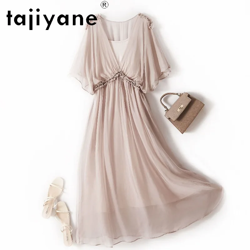 TAJIYANE 100% Mulberry Silk Dress Woman Batwing Sleeves Summer Dresses Large Swing Dresses Solid Long Dress for Woman 116cm 원피스