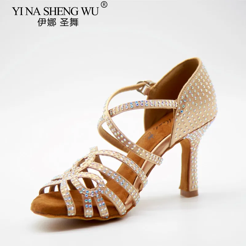 Vrouwen Party Dansschoenen Satijn Glanzende steentjes Zachte Bodem Latin Dansschoenen Vrouw Salsa Dansschoenen hak 2026