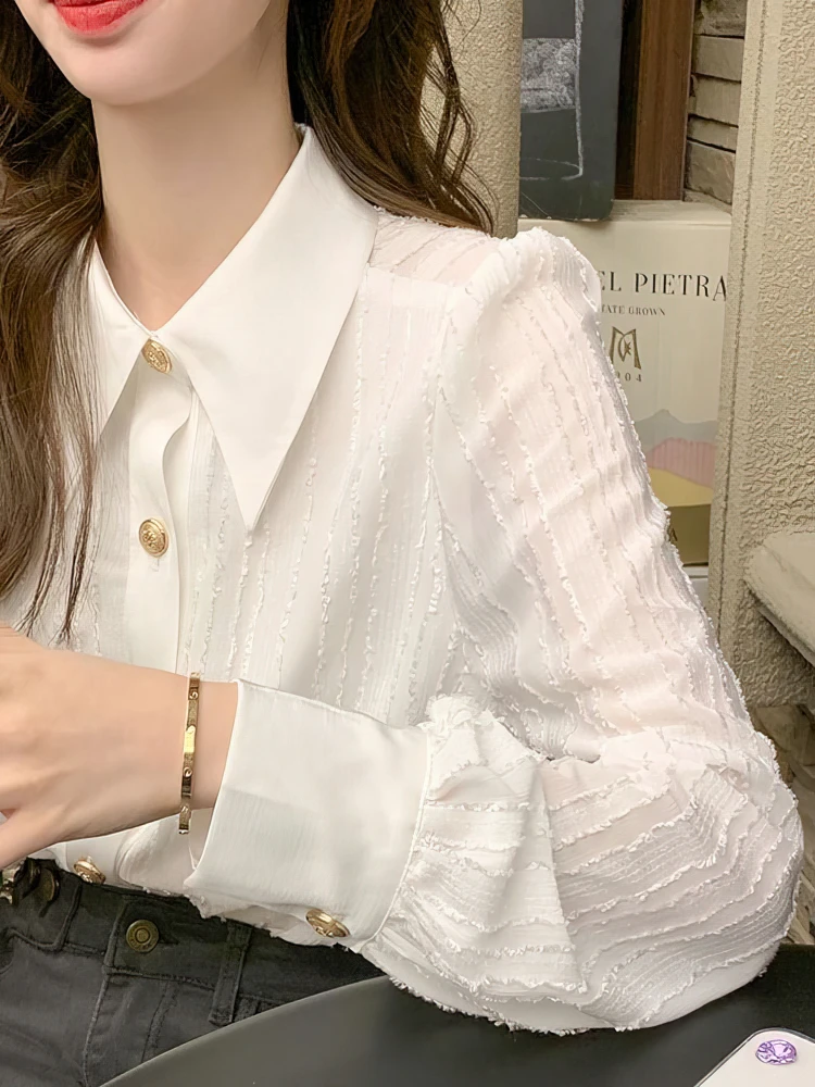 

Текстурированная роскошная элегантная рубашка с длинными рукавами, женская винтажная флисовая толстая базовая рубашка с отложным воротником 2000-х годов, женская блузка, офисная рубашка