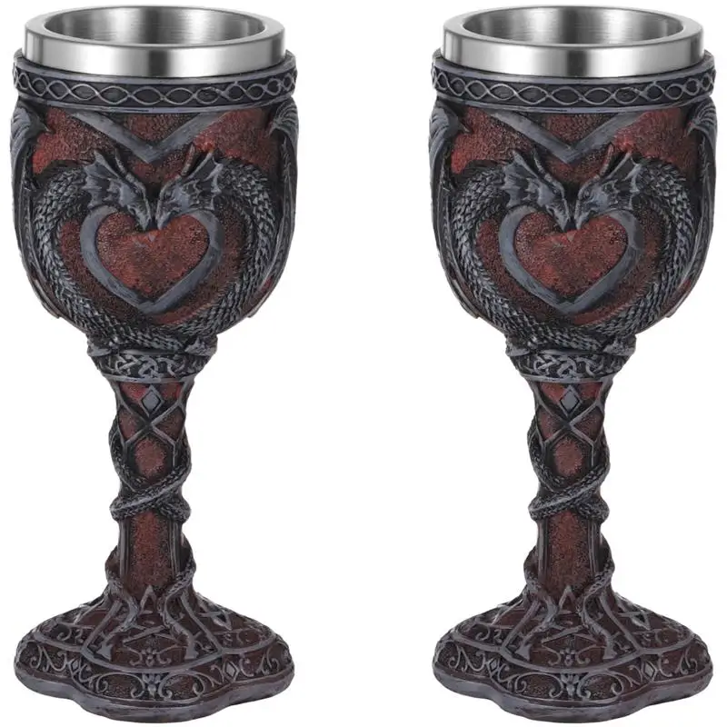 2Pcs Medieval Wine Goblets Double Dragon Chalices 7oz Stainless Steel Gothic Drinking Cups Vintage Dragon Wine Cups For Party