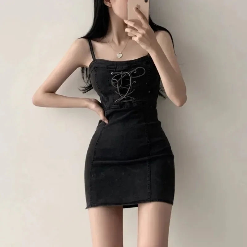 

Sling Denim Dress Female Summer New Korean Fashion Lace-up Waist-Controlled Slimming Sexy Hip Skirt Y2k Mini Dress