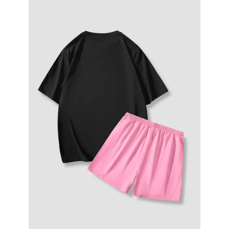 Men's Cartoon Bear Printed Short Sleeve Round Neck T-Shirt And Drawstring Waist Shorts Set, Summer