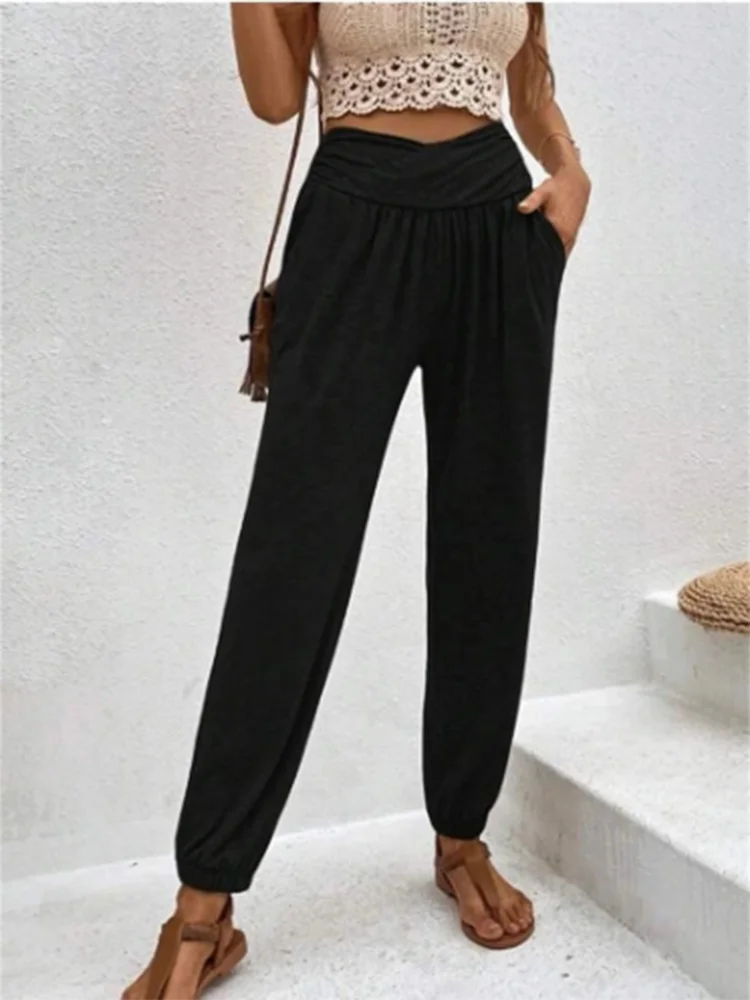 High Waist Pocket Elastic Pants Women's Solid Color Trousers Fashion Autumn Long Pants