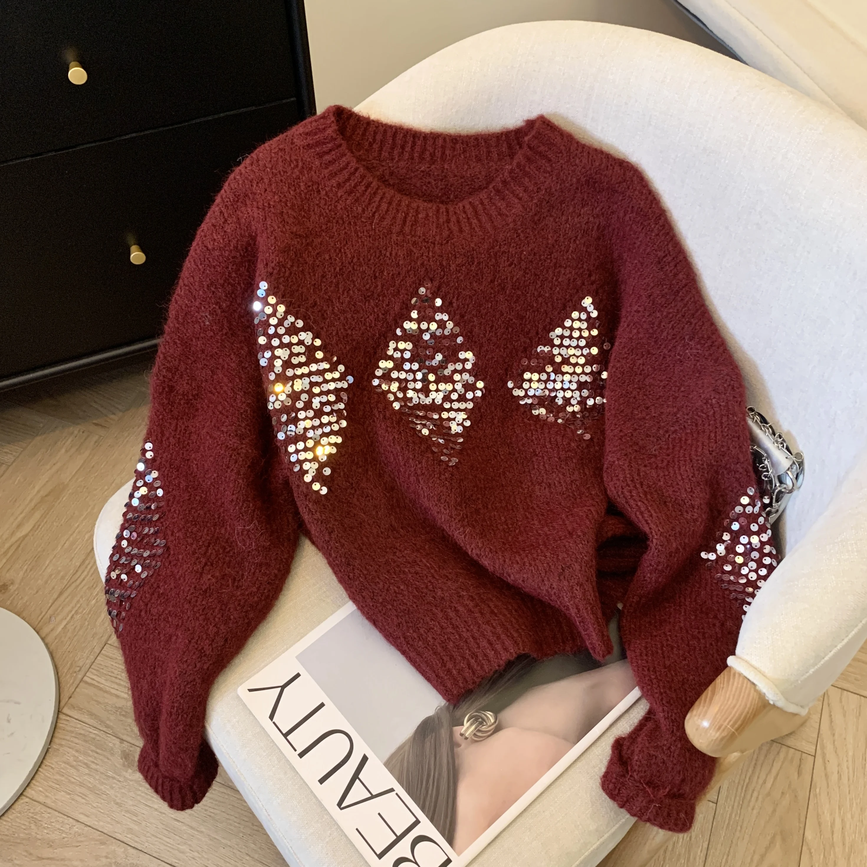 Feminino lantejoulas em torno do pescoço manga comprida camisola y2k moda francês elegante estética retro quente camisola superior roupas de inverno novo