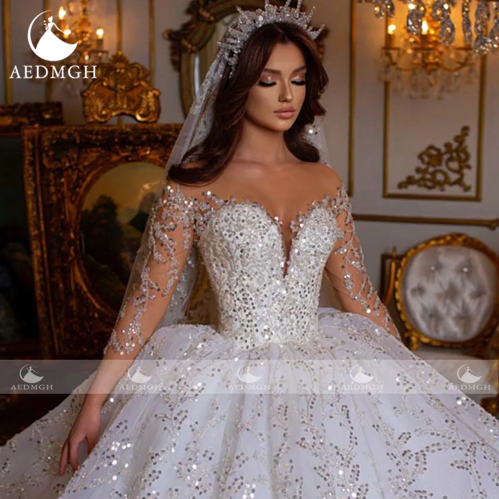 Aedmgh Ball Gown Royal Wedding Dresses 2024 Sweetheart Long Sleeve Robe De Mariee Lace Sequined Glitter Luxury Vestido De Novia