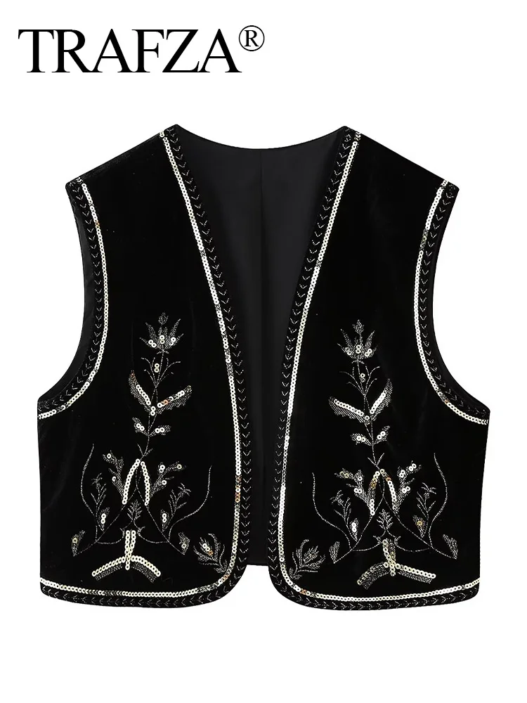 

TRAFZA Winter Women Fashion Velvet Bead Decoration Embroidery Street Vest Short Top Elegant Women Sleeveless Loose Padded Vest