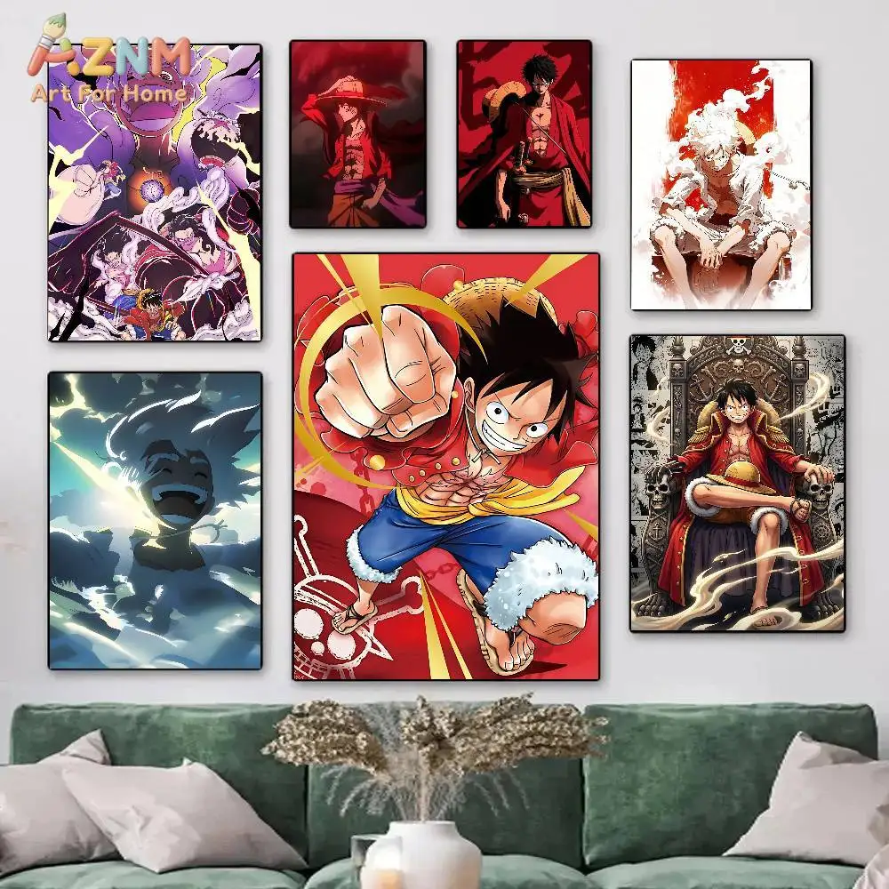 AZNM One Piece Unframed Canvas Print Monkey D Luffy Gear 5 Nika Anime Character Collage Wall Art Poster Home Bedroom Decor