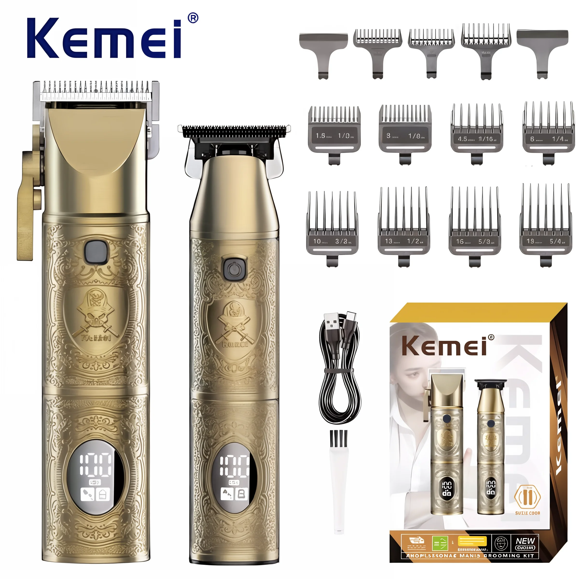 Kemei KM-2241 Ceramic Blade Full Metal Body Barber Shop Charging Men's Professional Barber Clipper Set