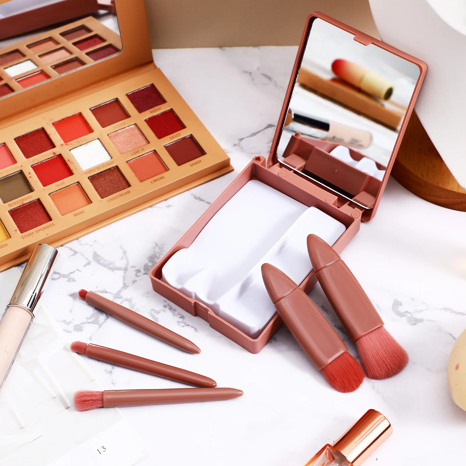 1Set Travel Makeup Brush Set Portable Cosmetics Brushes Foundation Eye Shadow Lip Loose Powder Concealer Blush Compact Kit