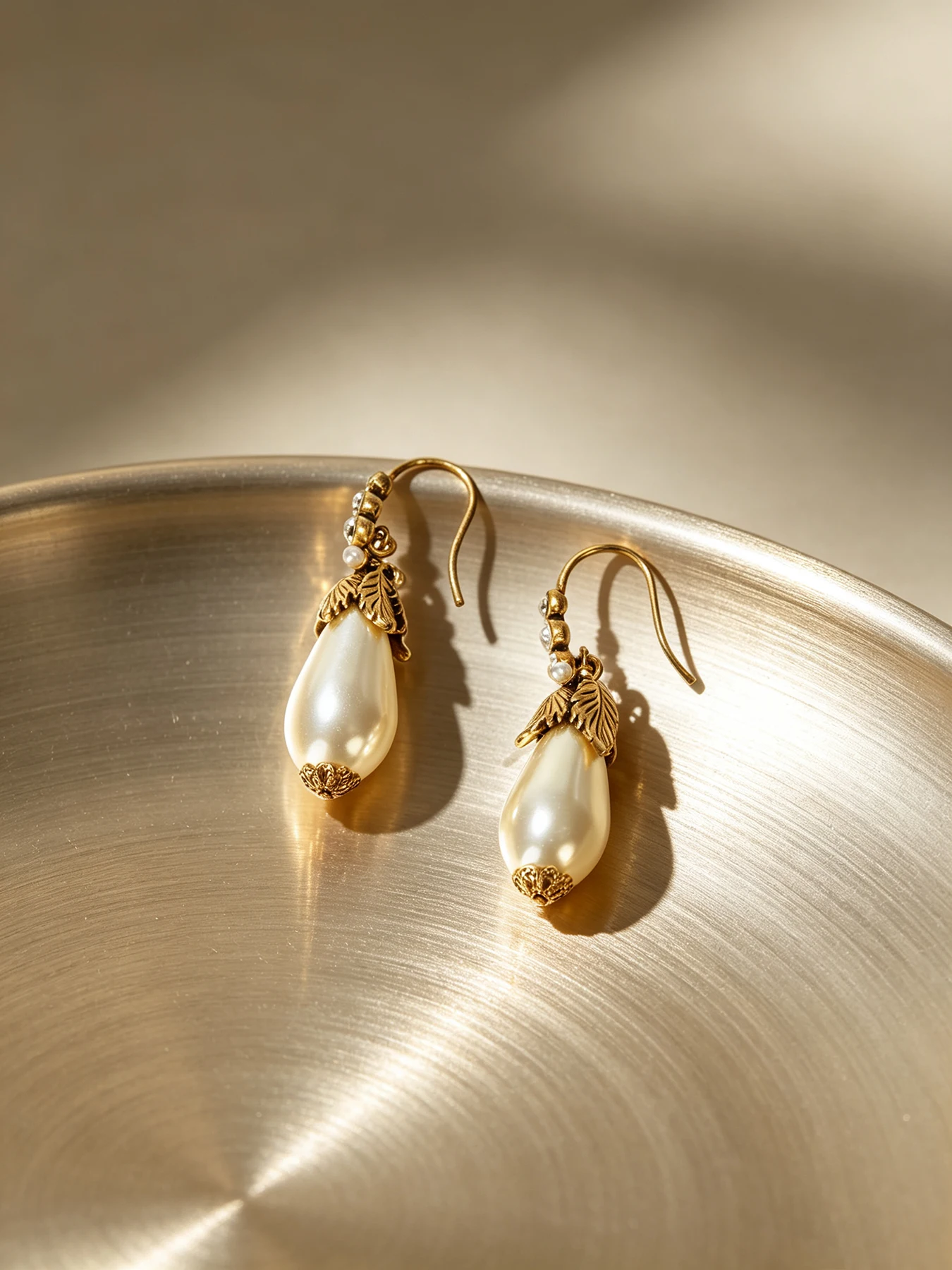 Antique Gold Leaf Drop Earrings Teardrop Pearl & Crystal Hook Earrings Romantic Vintage Bridal Statement Jewelry