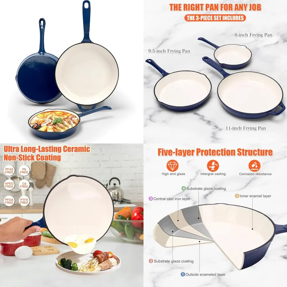 

Enameled Cast Iron Cookware Set - 8-Inch Skillet, 9.5-Inch Frying Pan, and 11-Inch Large Pan for Healthy Cooking